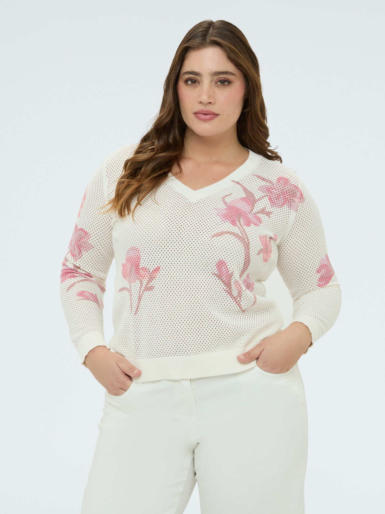 Openwork knit top with floral print image number 0