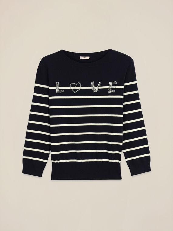 Striped sweater with jewel writing