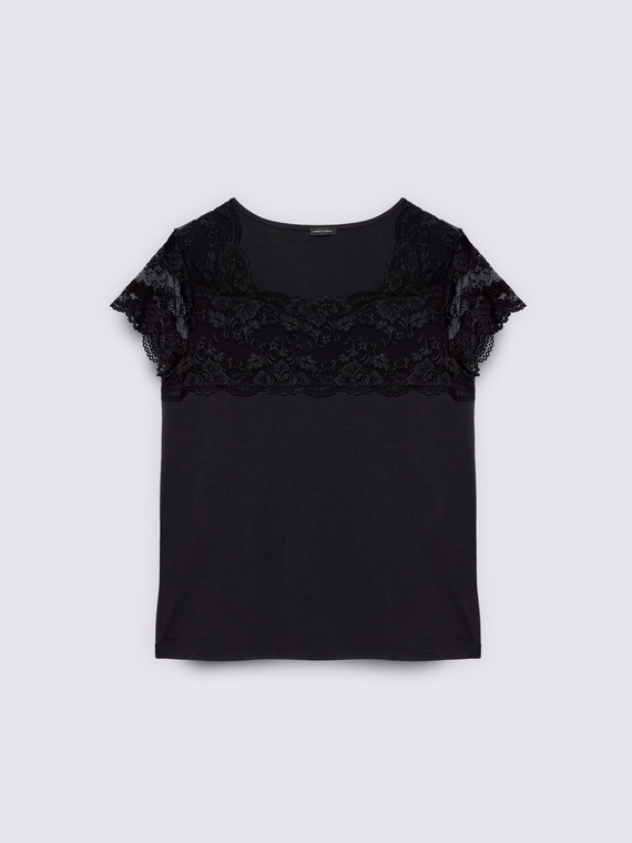 T-shirt in jersey con inserto in pizzo