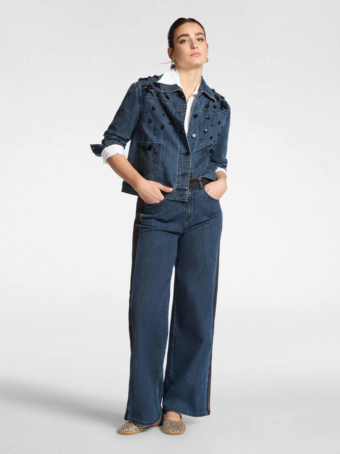 Giacca boxy in denim con ricami image number 3