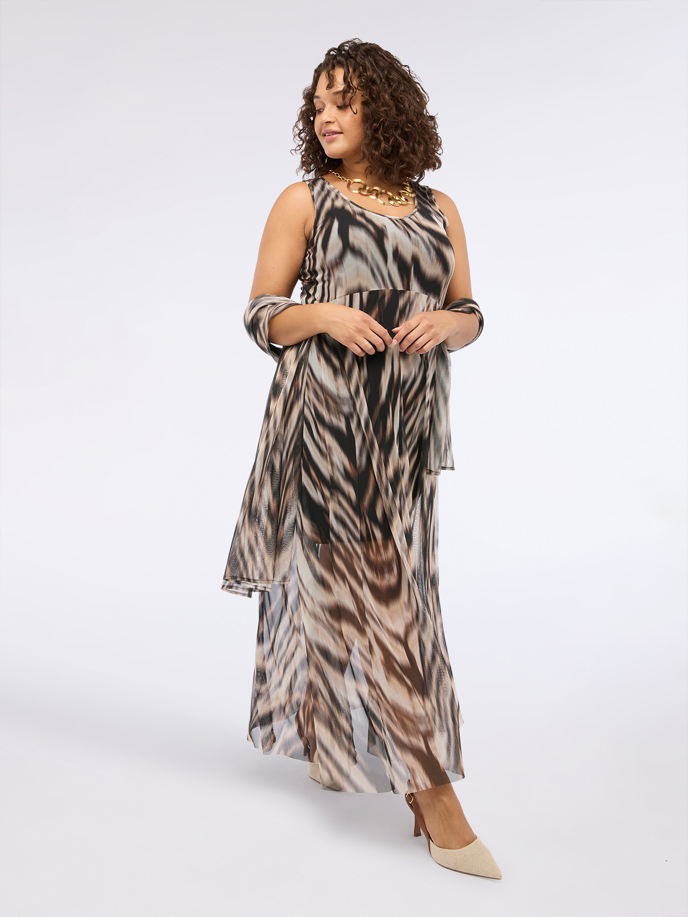 Langes Tüll-Kleid mit Flare-Schnitt und Print image number 2