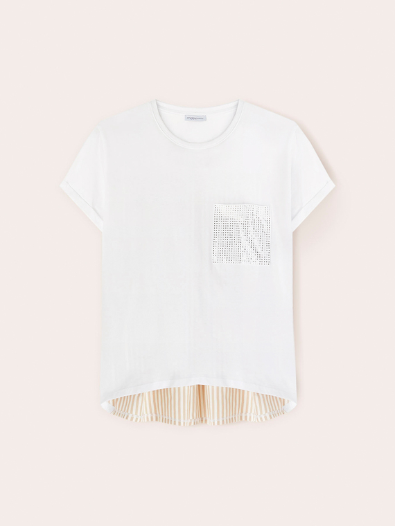 T-Shirt aus zwei Materialien mit strassbesetzter Tasche