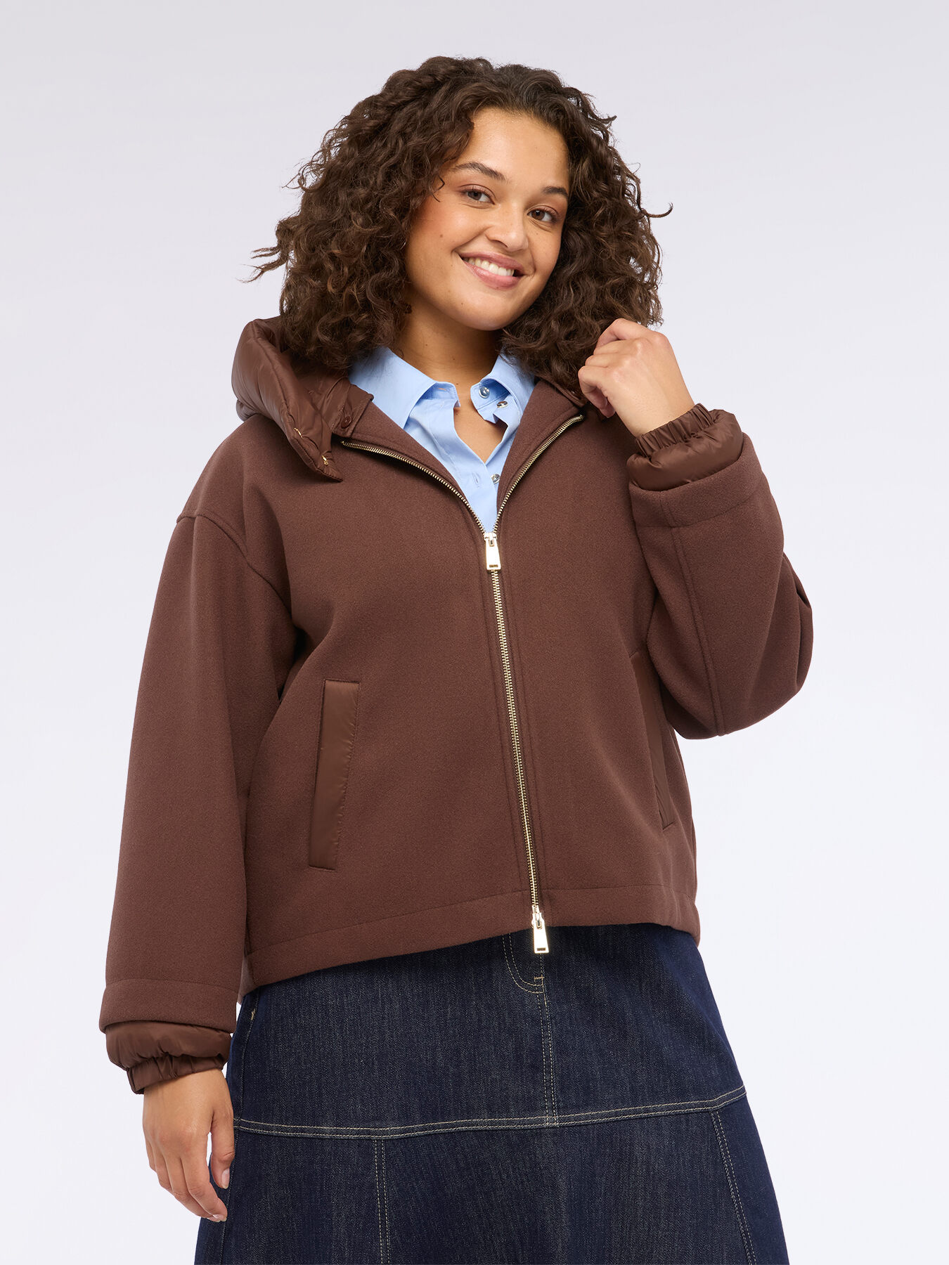 Two-material jacket with hood and zip image number 2