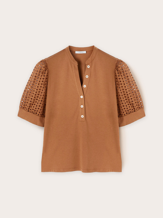 T-shirt with keyhole and broderie anglaise sleeves