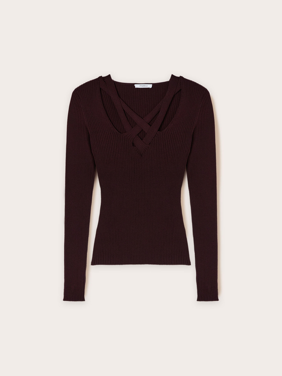 Ribbed sweater with knitted neckline