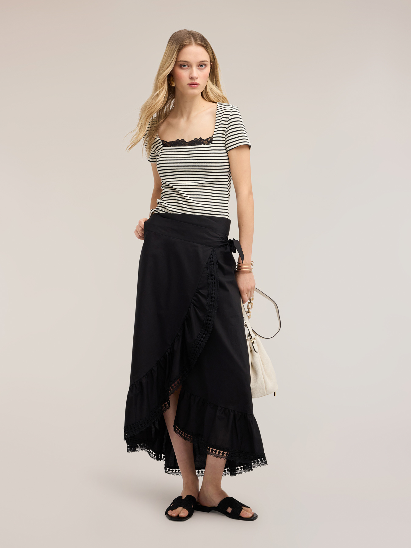 Striped t-shirt with lace detail image number 2