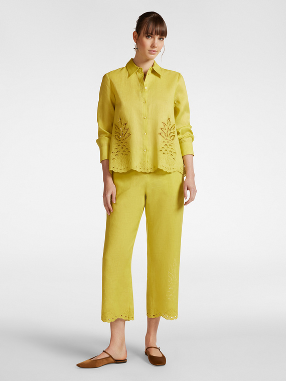Embroidered linen cropped trousers