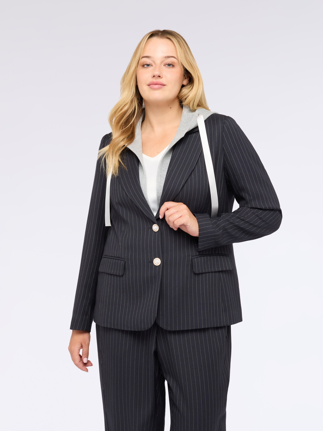 Pinstriped blazer with sweatshirt hood image number 1
