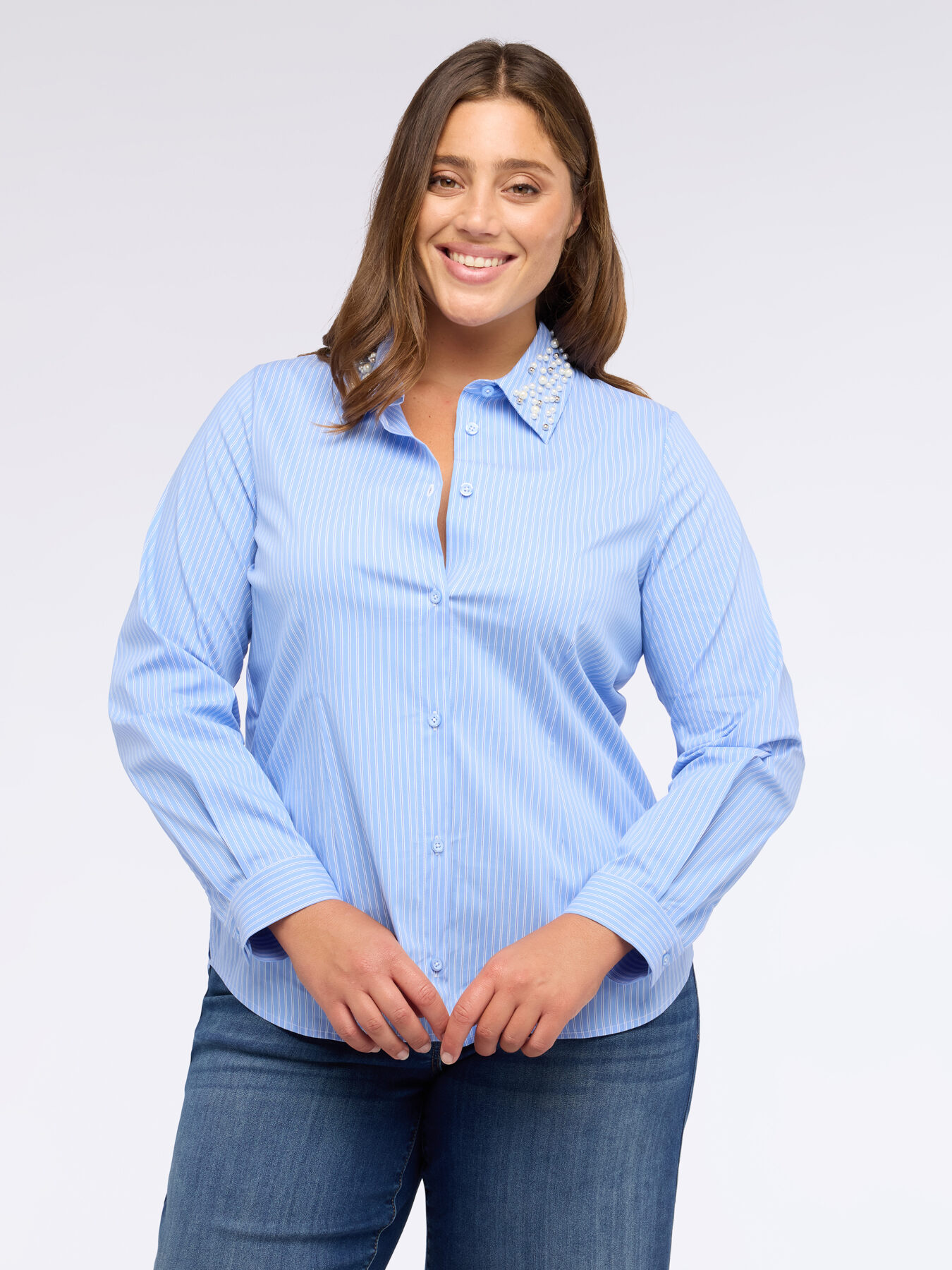 Camisa de rayas de algodón con cuello precioso image number 0