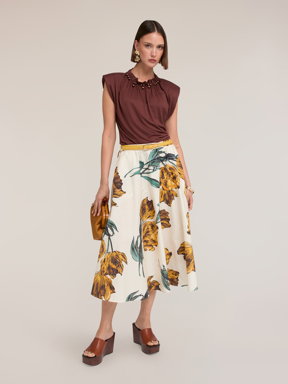 Flared poplin skirt with print