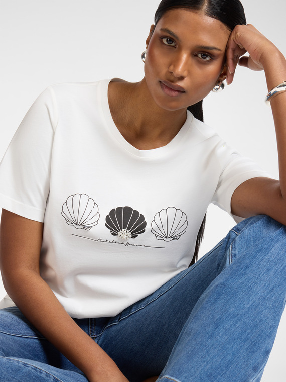 Printed cotton T-shirt with pearls