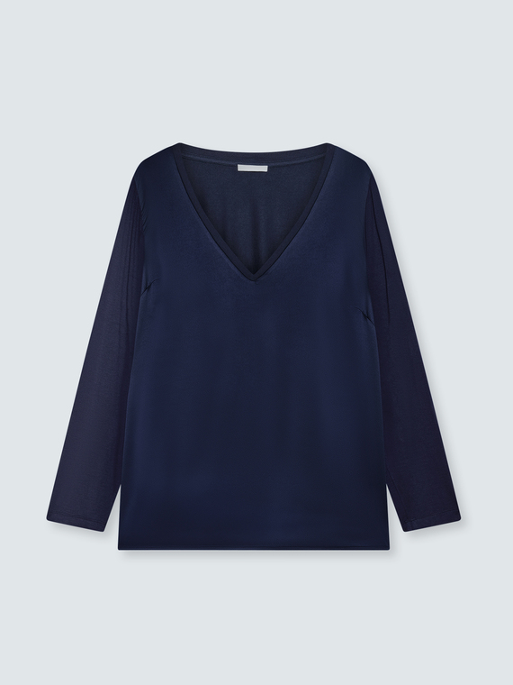 T-shirt bimaterica con scollo a V e maniche lunghe