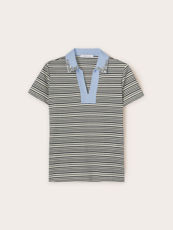 T-shirt a righe con colletto ricamato con pietre