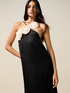 Long satin dress with applied roses image number 2