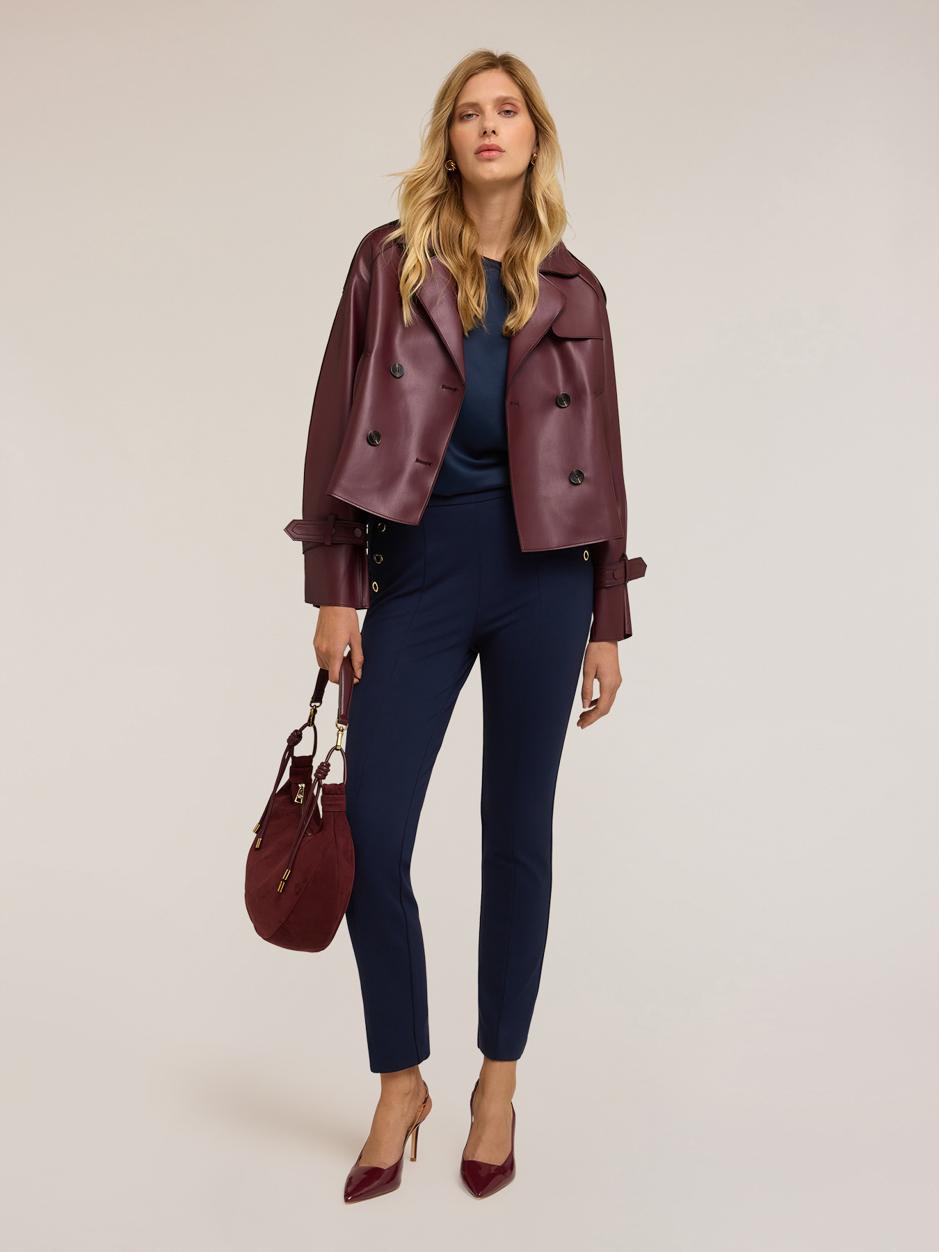 Short double-breasted trench coat in coated fabric image number 2