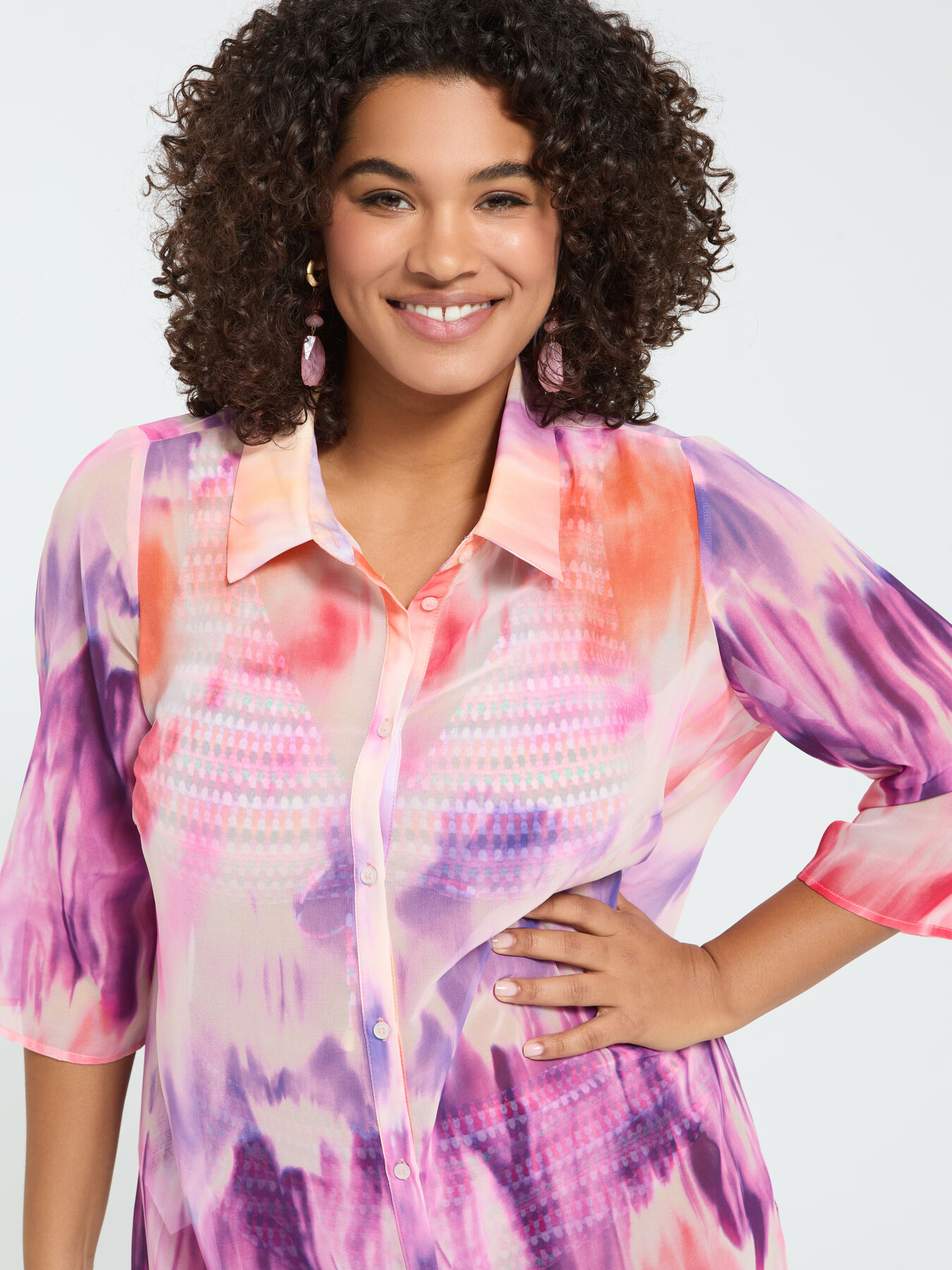 Hemdblusenkleid aus Georgette mit Tie-Dye-Muster image number 2