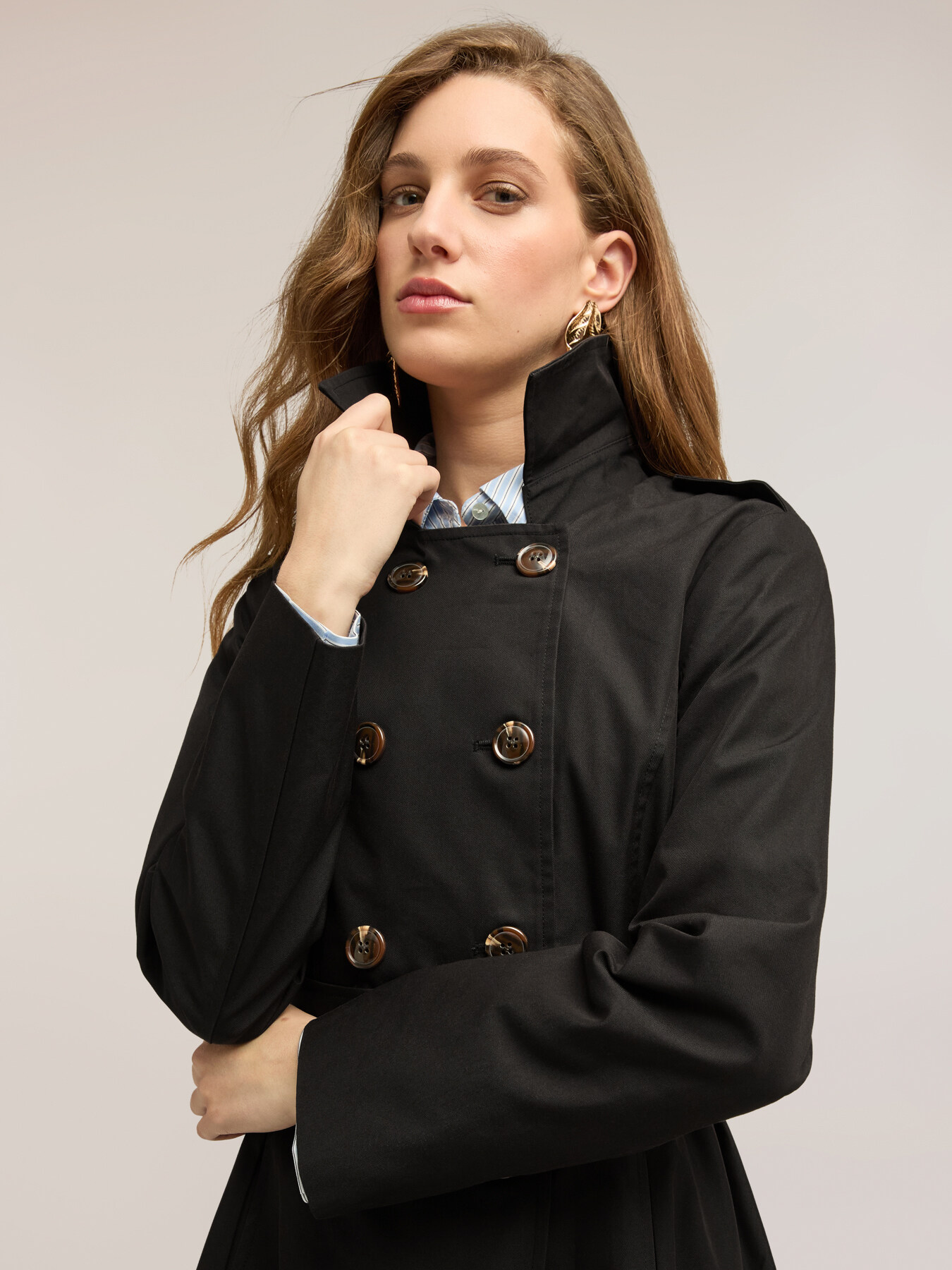 Mixed cotton drill trench coat with double belt image number 3