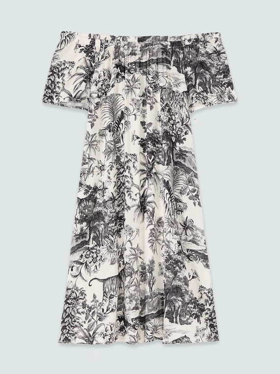 Robe off-shoulder &agrave; imprim&eacute; exotique