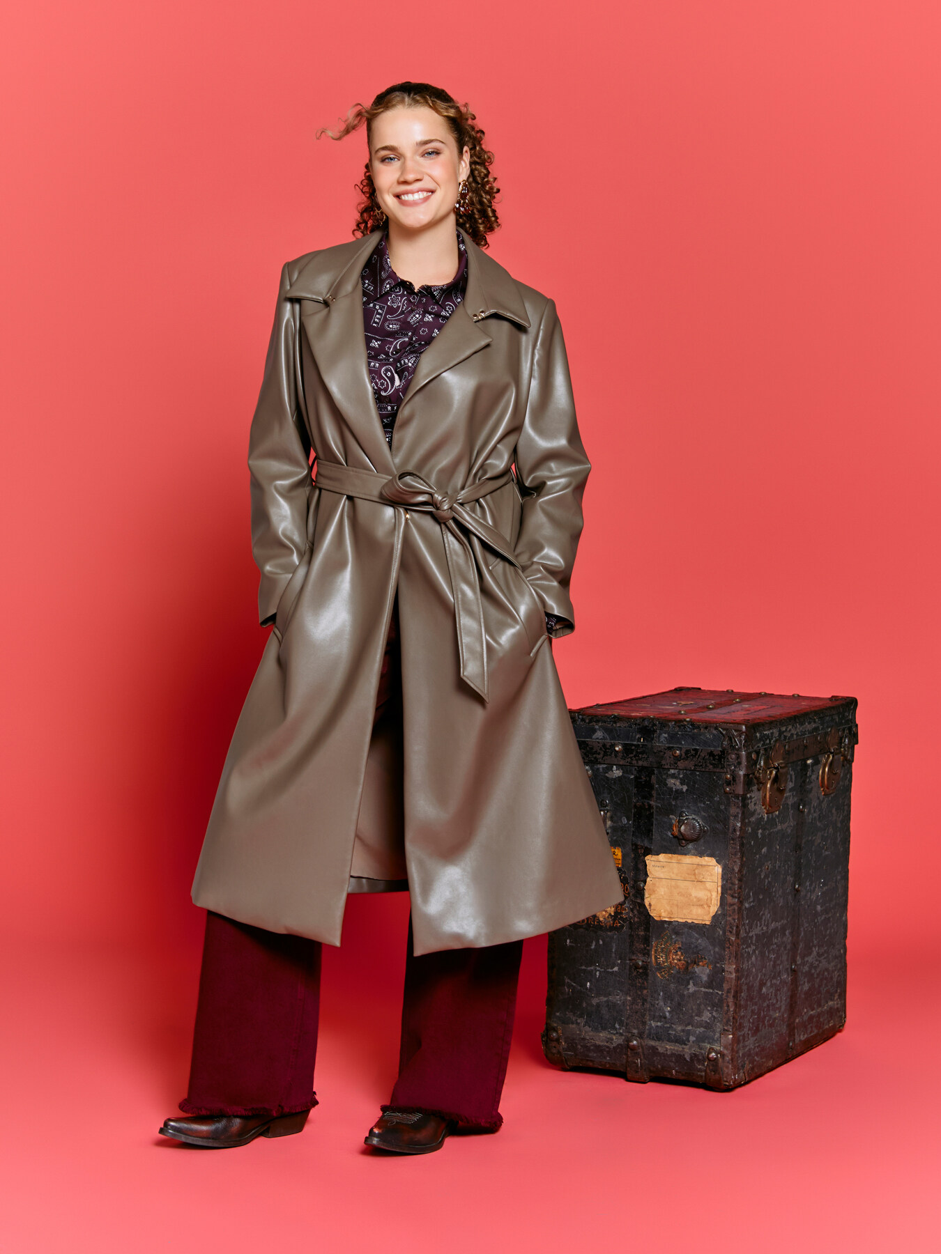 Long trench coat with waist belt image number 0