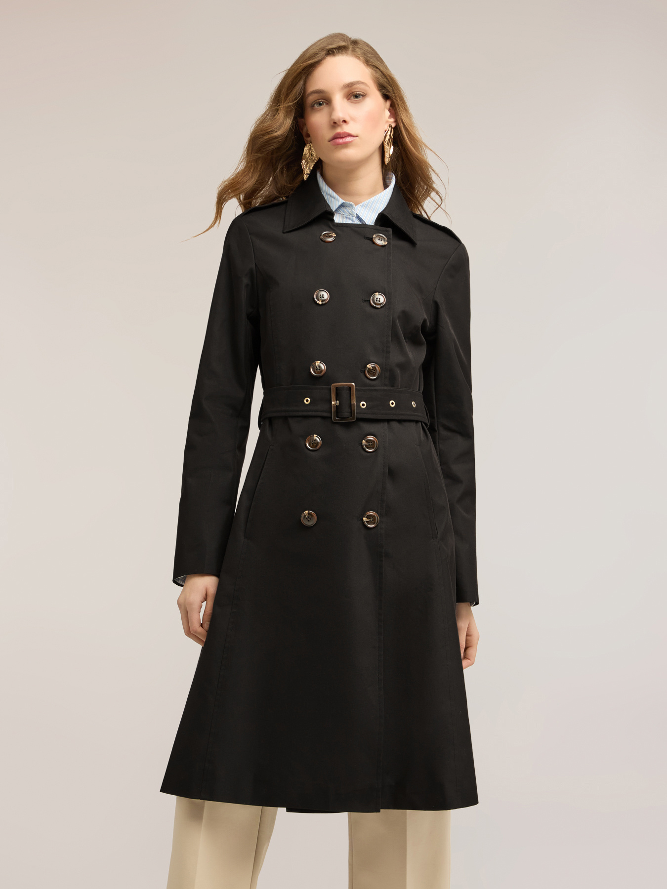 Mixed cotton drill trench coat with double belt image number 0