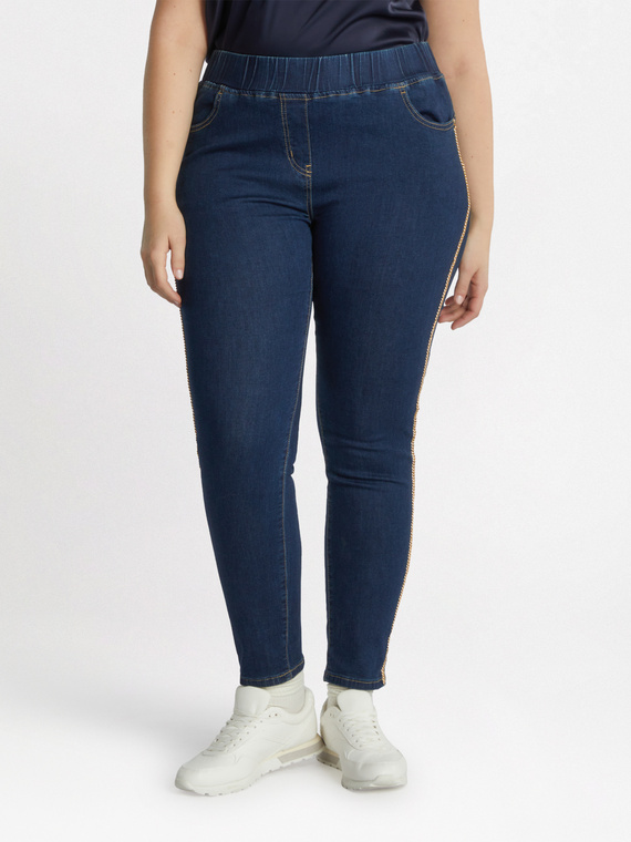 Dunkelblau gewaschene Jeggings mit goldenen Paspeln