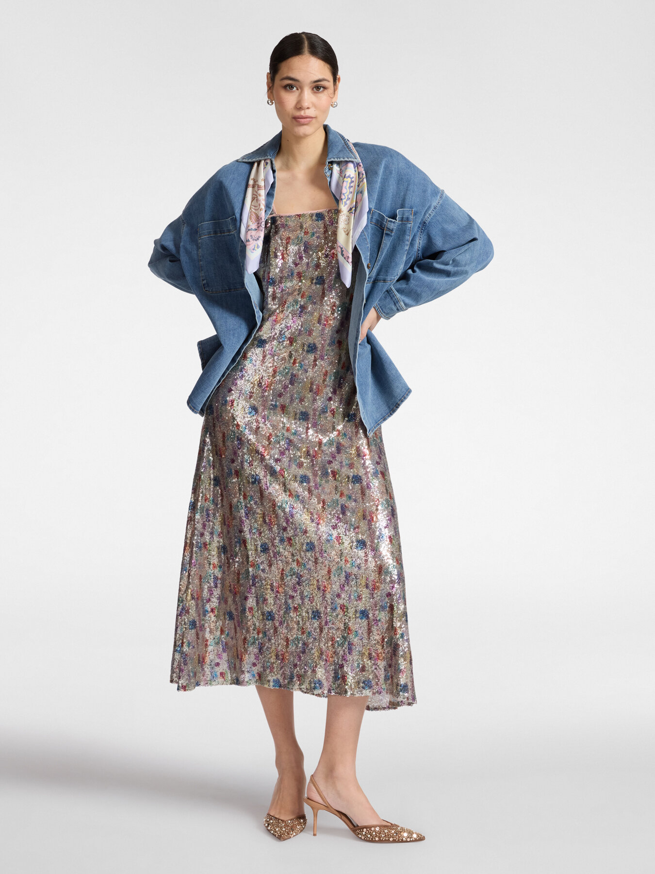 Camicia in denim washed con foulard image number 2