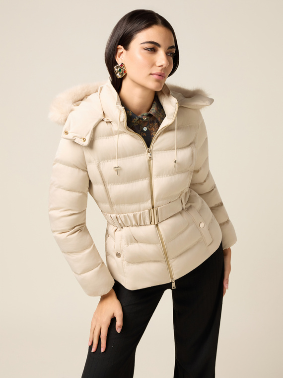 Down jacket with hood and waist belt
