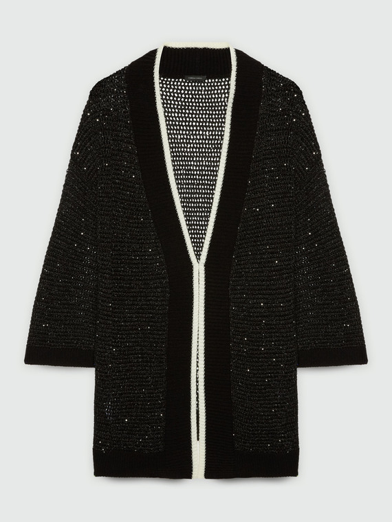 Langer Cardigan mit weißen Bordüren und Mikro-Pailletten