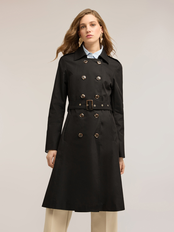 Mixed cotton drill trench coat with double belt