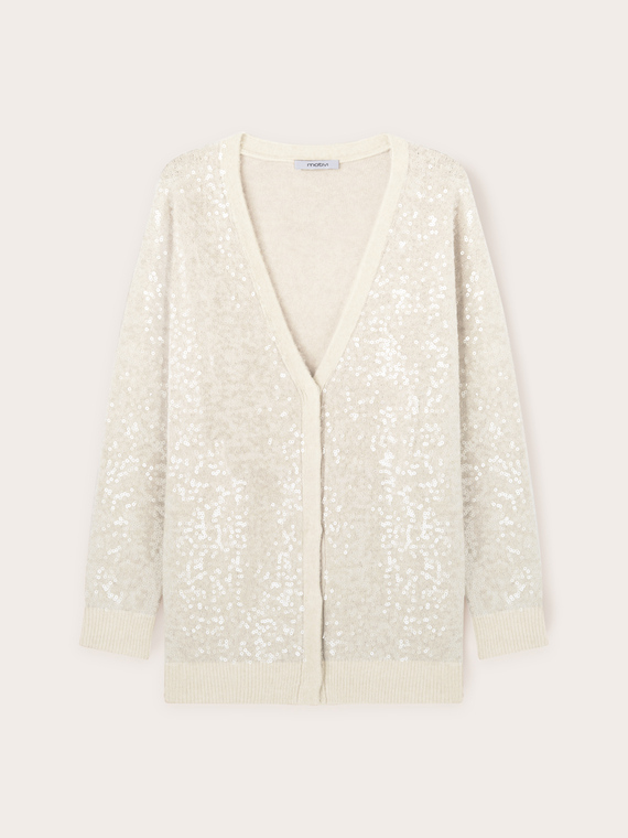 Cardigan aus Wollmischgewebe, mit all-over Pailetten-Besatz
