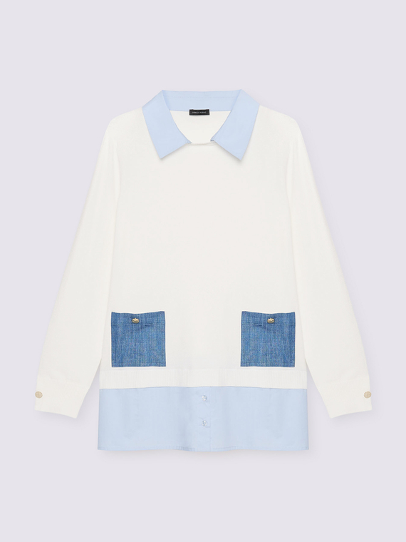 Zweistoffiger Pullover mit Jeanstaschen