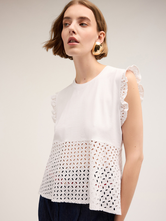 Sleeveless T-shirt with broderie anglaise insert