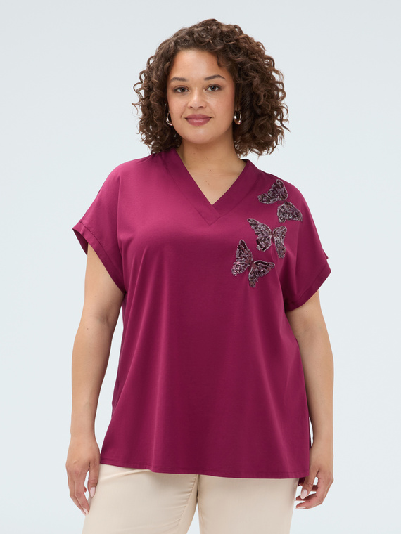Zweifarbiges T-Shirt mit Schmetterlingen aus Pailletten
