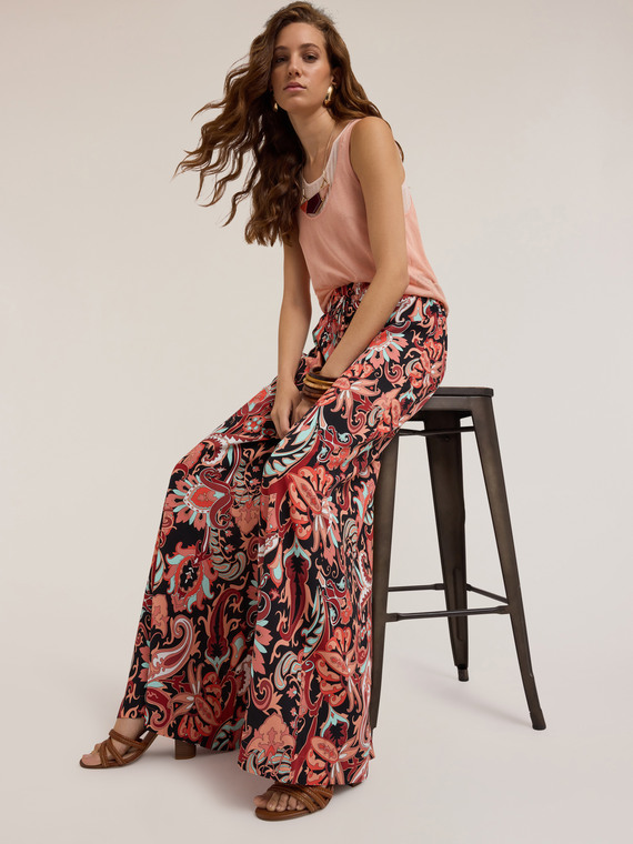 Pantalon palazzo fluide à motif ethnique