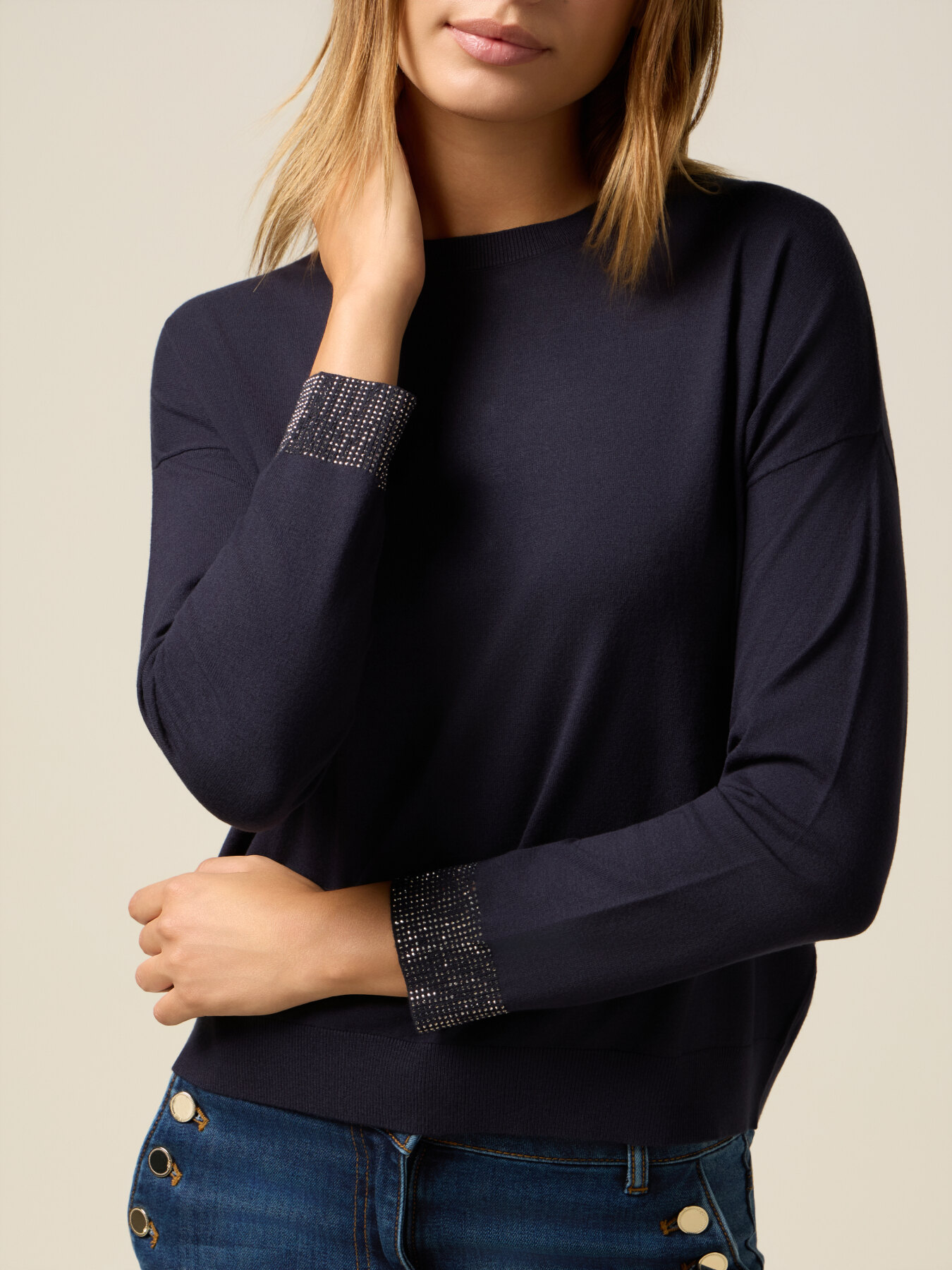 Mixed viscose sweater with decorated cuffs image number 2