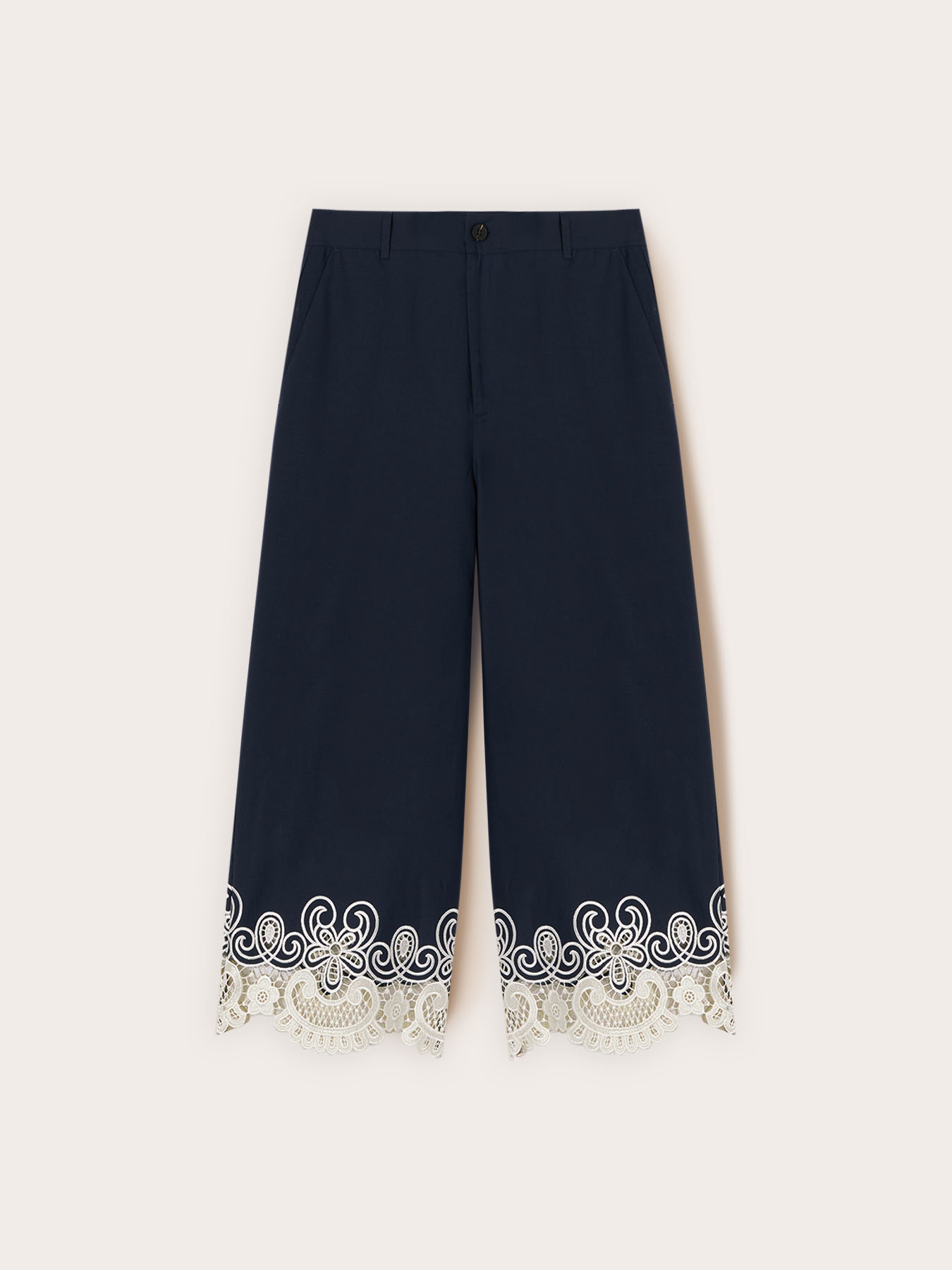 Pantaloni cropped din poplin cu dantelă image number 4