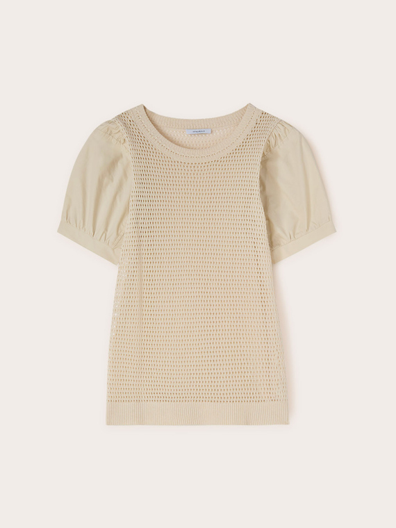 Maglia traforata con maniche in popeline