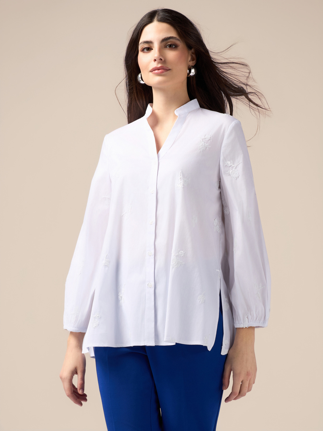 Poplin shirt with floral embroidery image number 0