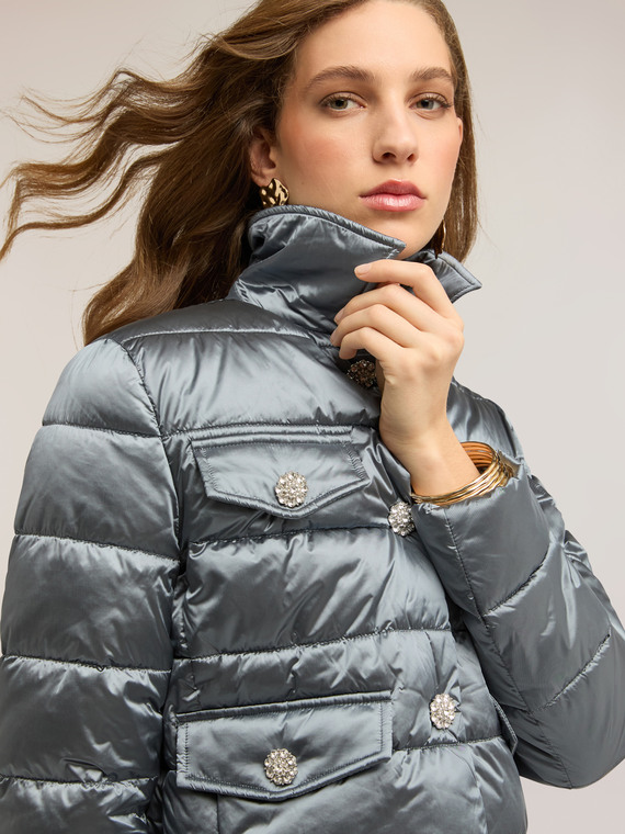 Short lightweight down jacket with jewel buttons