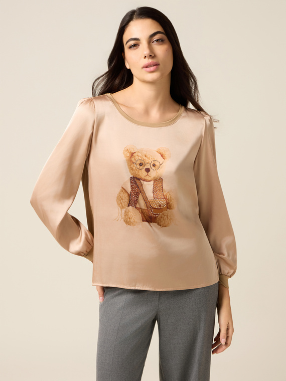 T-shirt bimaterica con stampa e applicazioni