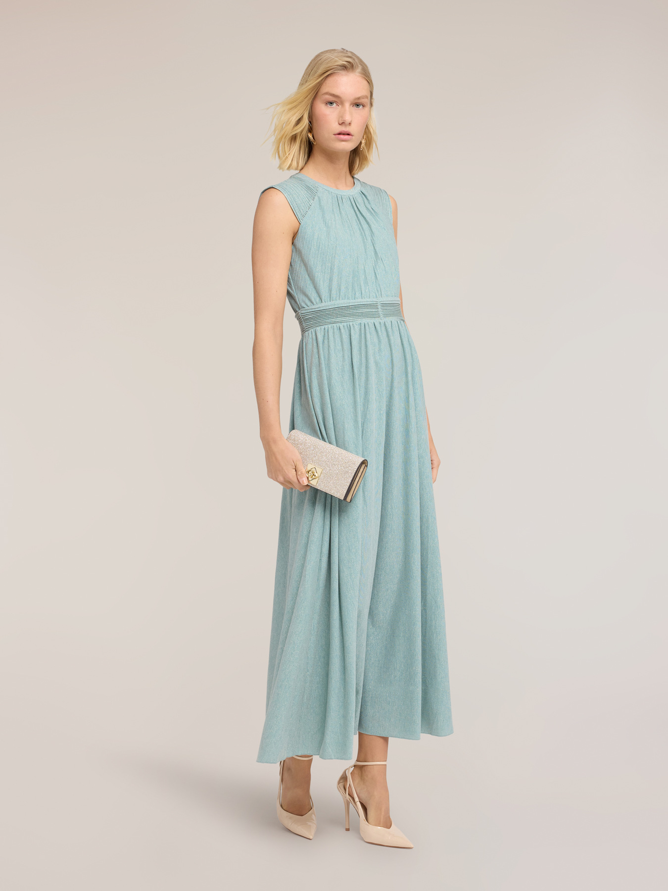 Long pleated dress in lurex jersey image number 1