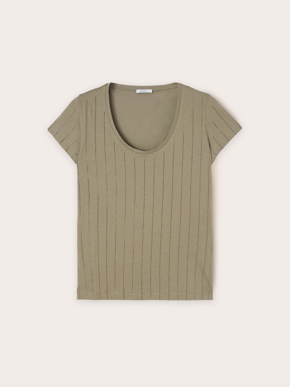 Cotton T-shirt with rhinestone stripes