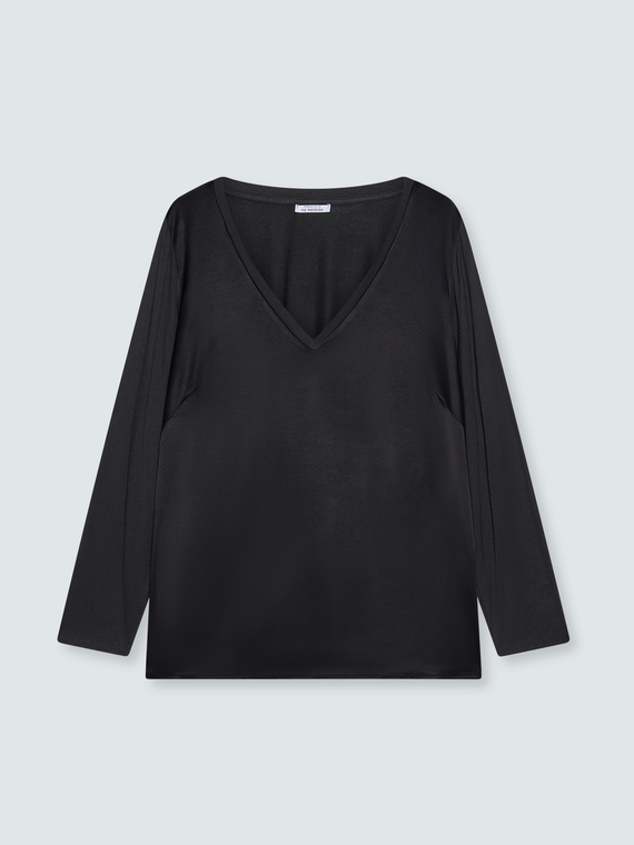T-shirt bimaterica con scollo a V e maniche lunghe