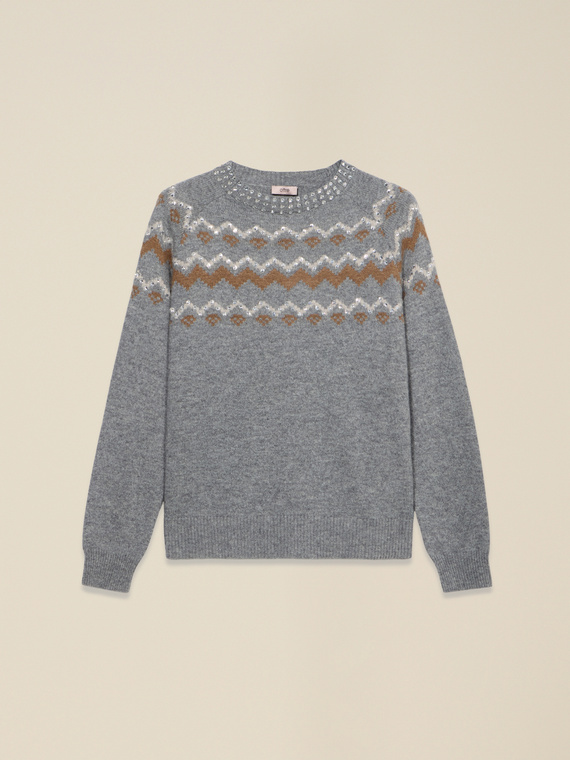 Maglia jacquard misto lana con applicazioni