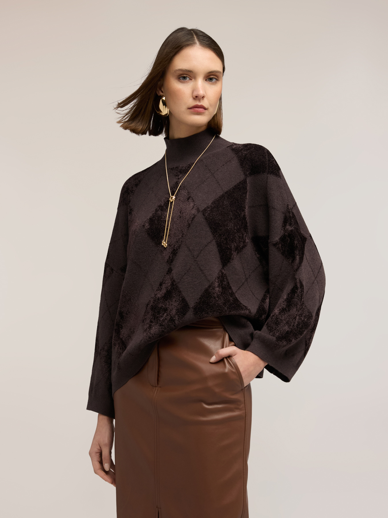 Argyle pattern chenille turtleneck sweater image number 2