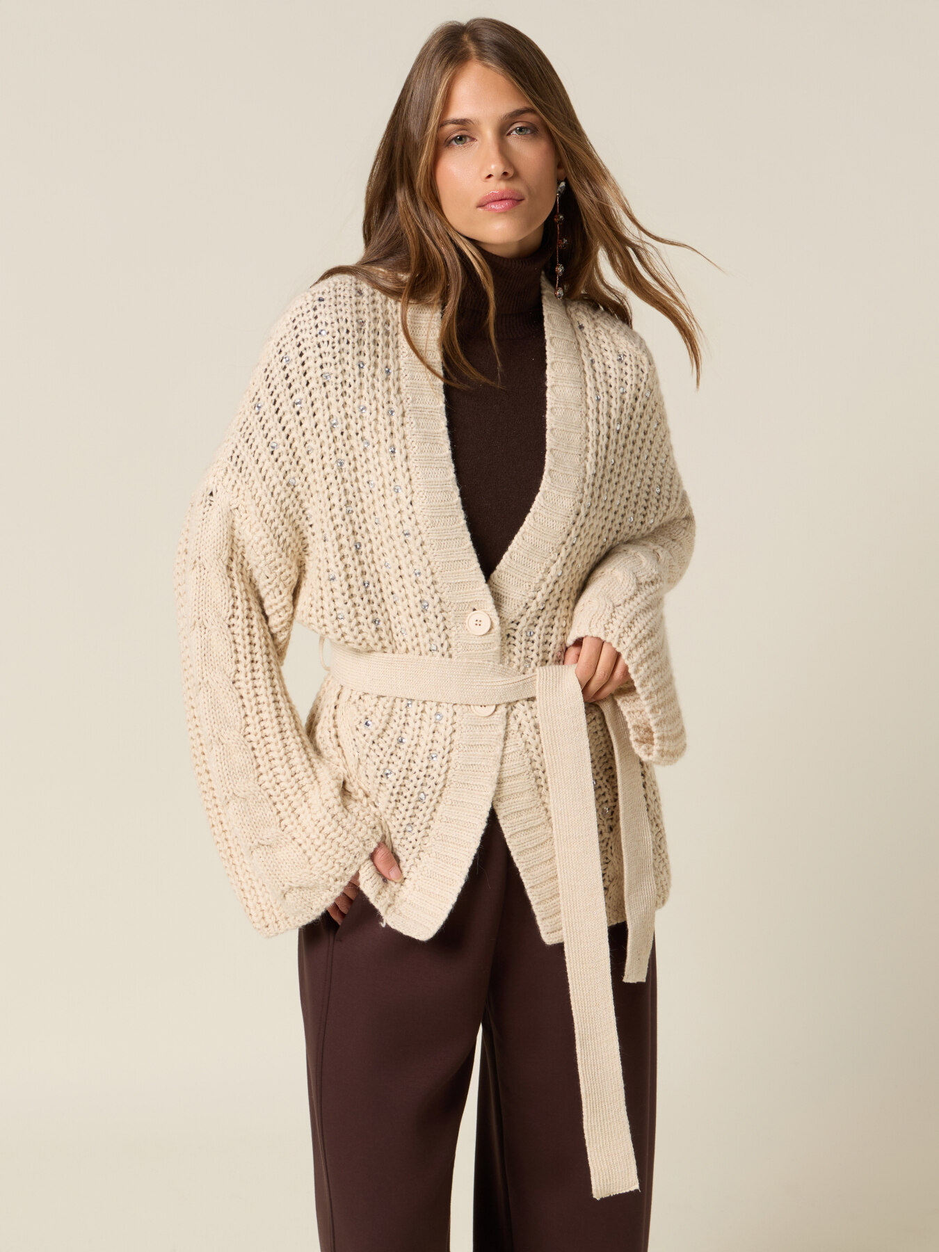 Mixed wool perforated cardigan with crystals and belt image number 0