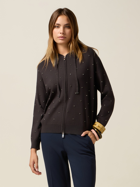 Cardigan con cappuccio e castoni
