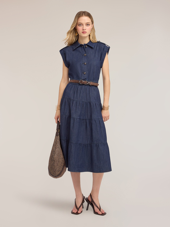 Denim shirt dress with ruffled skirt
