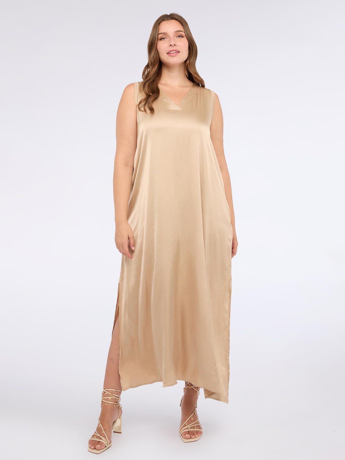 Vestito lungo in raso stretch con scollo a V image number 2