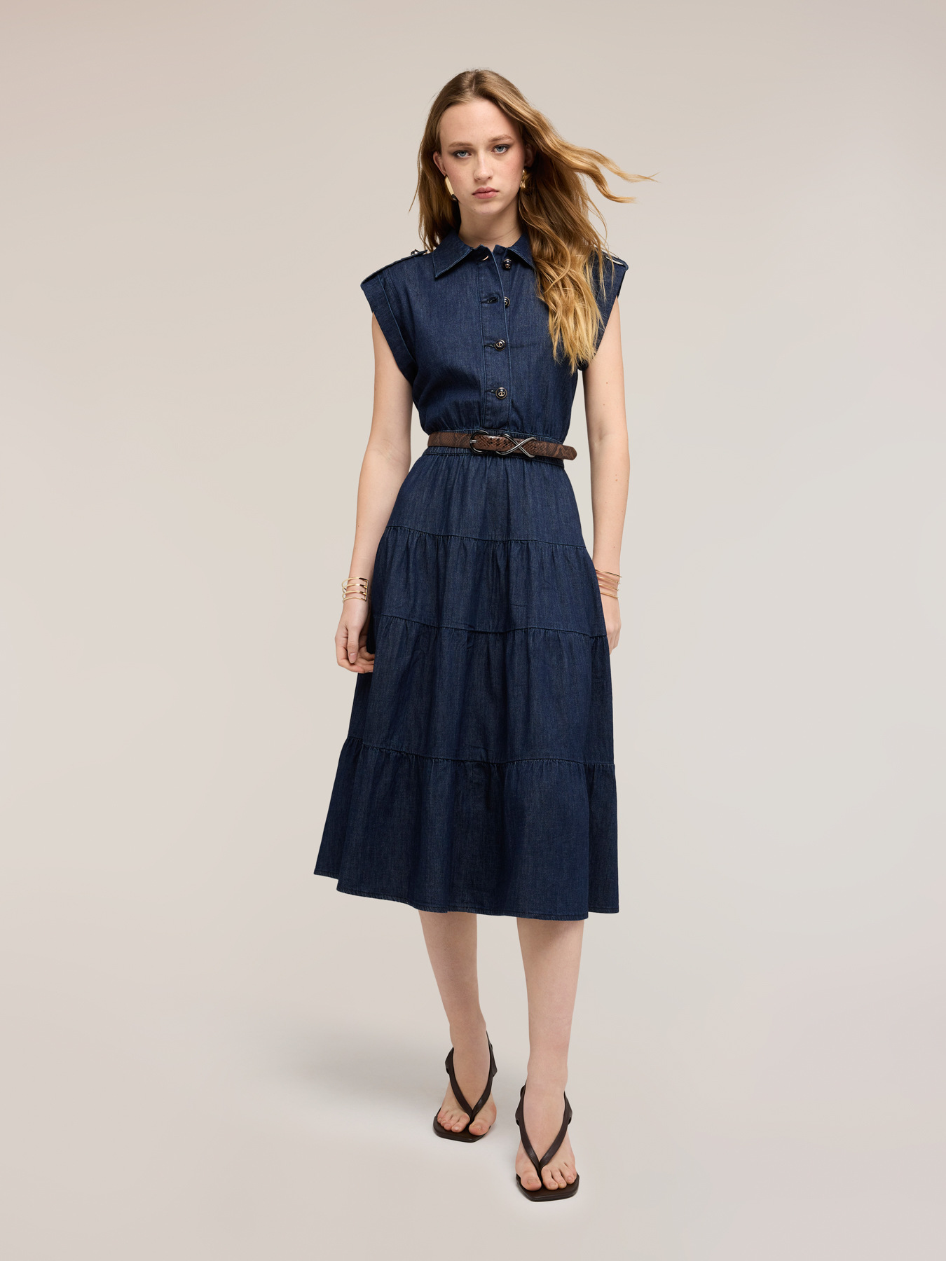 Denim shirt dress with ruffled skirt image number 2